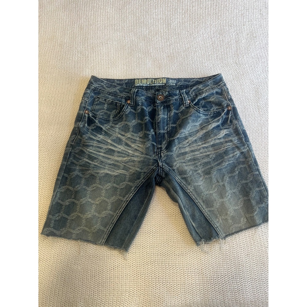 Demolition Mens Blue Chain Link Print Cut Off Denim Shorts Size 34 Streetwear